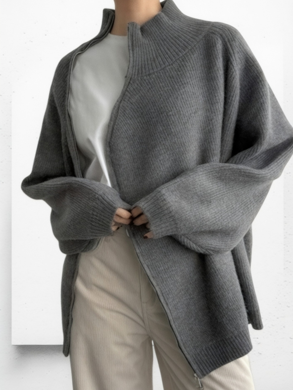 NOT FOR SALE Side Zippered Mock Neck Ribbed Cardigan ▪︎ Gray ▪︎ LG